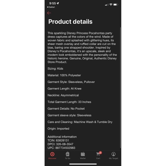 New Disney Store Pocahontas Costume Shift Dress Up Princess Glitter Size 11/12 - Picture 8 of 9